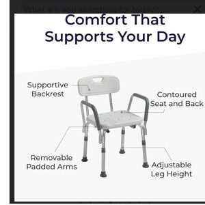 Drive Medical Shower Chair Unisex OS White New Adjustable Back Padded Arms 350lb